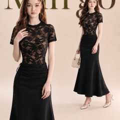 Đầm thiết kế ren body cổ tròn dáng dài thanh lịch