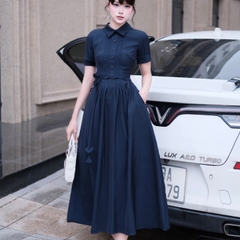 Đầm thiết kế cổ sơ mi dài xoè tay ngắn thanh lịch màu xanh than/trắng