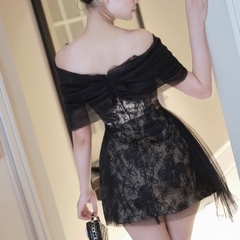 Đầm trễ vai phối voan chữ A phối ren lông