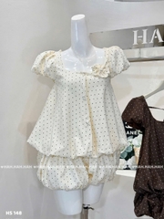 Set áo babydoll chấm bi tay phồng kèm quần bí