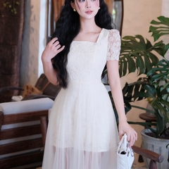 Đầm thiết kế cổ vuông tay ren dáng dài phối voan đi tiệc cao cấp hai màu trắng kem