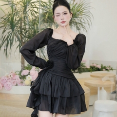 Đầm cổ vuông tay dài voan dáng ngắn xoè