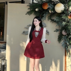 Đầm dạ cổ V phối voan đính ngọc cao cấp