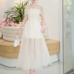 Đầm thiết kế trễ vai dáng dài phối voan chữ A sang trọng đi tiệc