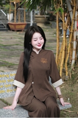 Bộ lam cổ đứng viền thêu sen