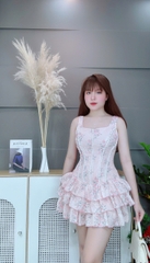 Đầm ngắn cổ vuông 3 tầng hoa nhí 5 sọc dọc