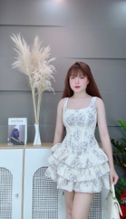 Đầm ngắn cổ vuông 3 tầng hoa nhí 5 sọc dọc