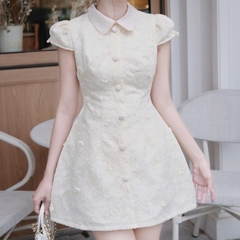 Đầm cổ sen chữ A cúc bọc tay cộc