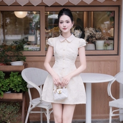 Đầm cổ sen chữ A cúc bọc tay cộc