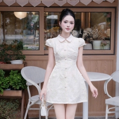 Đầm cổ sen chữ A cúc bọc tay cộc