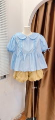 Set áo babydoll xanh cổ sen quần bí ngắn nâu