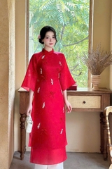 Áo dài cổ đứng đính hoa ngọc trai nơ