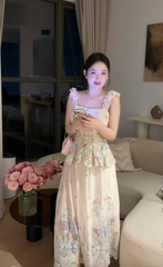 Set áo 2 dây bèo hoa nổi kèm chân váy dài