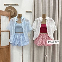 Set 3 món khoác ngoài áo 2 dây kèm quần bí caro