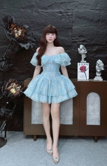 Đầm xòe thêu hoa cột nơ ngực
