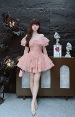 Đầm xòe thêu hoa cột nơ ngực