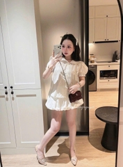 Set áo kiểu thêu hoa cổ bèo chân váy ngắn trắng