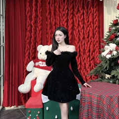 Đầm trễ vai lông dáng ngắn