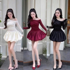 Váy trễ vai ren hoa chân bí