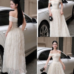 Đầm trễ vai nơ ôm ngực đi tiệc dáng dài cao cấp phối voan xoăn sang chảnh