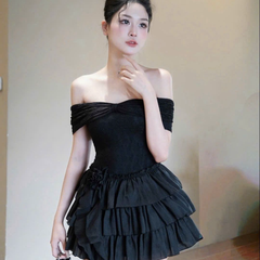 Đầm thiết kế trễ vai nhiều tầng sang trọng tay ngắn đi tiệc