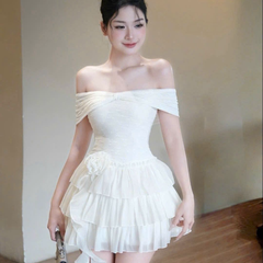 Đầm thiết kế trễ vai nhiều tầng sang trọng tay ngắn đi tiệc