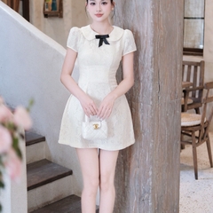 Đầm thiết kế đi tiệc có tay ngắn dáng chữ A cổ sen nơ kem, trắng