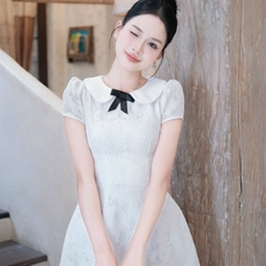 Đầm thiết kế đi tiệc có tay ngắn dáng chữ A cổ sen nơ kem, trắng