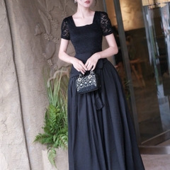 Đầm thiết kế cổ vuông tay ngắn dáng dài xòe đen trắng sang trọng đi tiệc