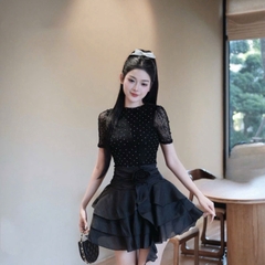 Đầm đính hột cổ tròn co dãn dáng ngắn xoè sang chảnh đi tiệc hack dáng