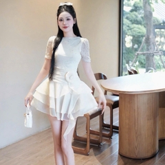 Đầm đính hột cổ tròn co dãn dáng ngắn xoè sang chảnh đi tiệc hack dáng