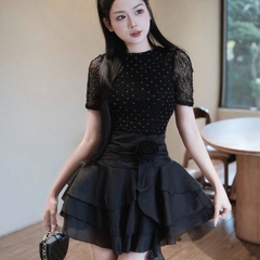 Đầm đính hột cổ tròn co dãn dáng ngắn xoè sang chảnh đi tiệc hack dáng