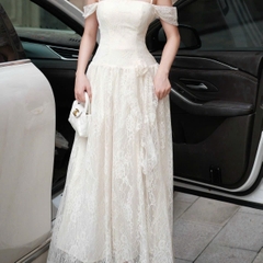 Đầm dây rớt vai trễ vai dáng dài xoè sang trọng đi tiệc thiết kế cao cấp màu kem/ trắng