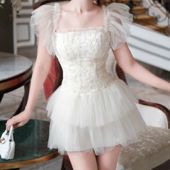 Đầm thiết kế ren hoa ngắn hiện đại tay sát nách 
công chúa đi tiệc phối voan màu hồng/ kem