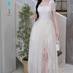 Đầm cổ vuông dáng dài viền ngọc tay ngắn phối ren 
đầm dài phồng thiết kế sang chảnh đi tiệc
