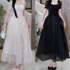 Đầm cổ vuông dáng dài viền ngọc tay ngắn phối ren 
đầm dài phồng thiết kế sang chảnh đi tiệc