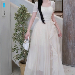 Đầm cổ vuông dáng dài viền ngọc tay ngắn phối ren 
đầm dài phồng thiết kế sang chảnh đi tiệc