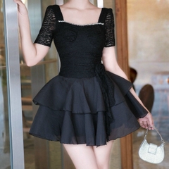 Đầm cổ vuông viền ngọc ren ngắn tay ngắn phối ren 2 tầng voan đi tiệc