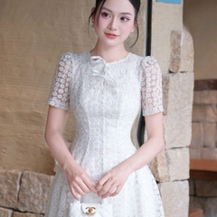 Đầm voan hoa cổ tròn tay ngắn công chúa sang trọng dáng xòe cao cấp đi tiệc