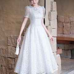 Đầm voan hoa cổ tròn tay ngắn công chúa sang trọng dáng xòe cao cấp đi tiệc