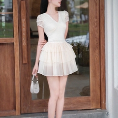 Đầm thiết kế dáng  ngắn cổ tim tay ngắn phối ren 2 tầng voan cao cấp đi tiệc