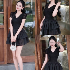 Đầm thiết kế dáng  ngắn cổ tim tay ngắn phối ren 2 tầng voan cao cấp đi tiệc