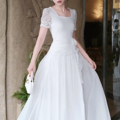 Đầm thiết kế cổ vuông tay ngắn dáng dài xòe đen trắng sang trọng đi tiệc