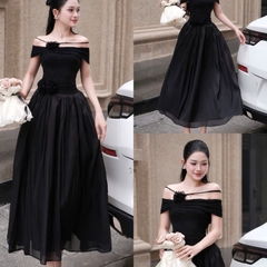 Đầm trễ vai ôm ngực dáng dài xòe sang chảnh đi tiệc thiết kế tay ngắn hai màu đen/trắng