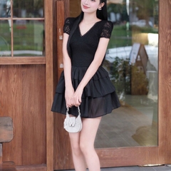 Đầm thiết kế dáng  ngắn cổ tim tay ngắn phối ren 2 tầng voan cao cấp đi tiệc