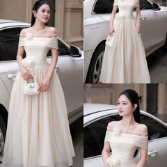 Đầm trễ vai ôm ngực dáng dài xòe sang chảnh đi tiệc thiết kế tay ngắn hai màu đen/trắng