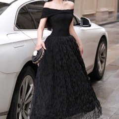 Đầm trễ vai nơ ôm ngực đi tiệc dáng dài cao cấp phối voan xoăn sang chảnh