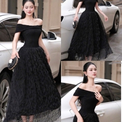 Đầm trễ vai nơ ôm ngực đi tiệc dáng dài cao cấp phối voan xoăn sang chảnh