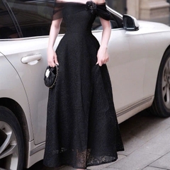 Đầm trễ vai voan phối gấm cao cấp sang chảnh dáng chữ A dài đi tiệc