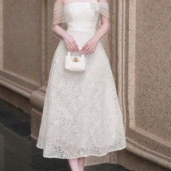 Đầm trễ vai voan phối gấm cao cấp sang chảnh dáng chữ A dài đi tiệc